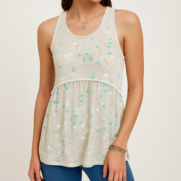 NWT Womens Babydoll Tank Top S Beige Paint Splatter Print Sleeveless Pom Trim - Picture 1 of 13